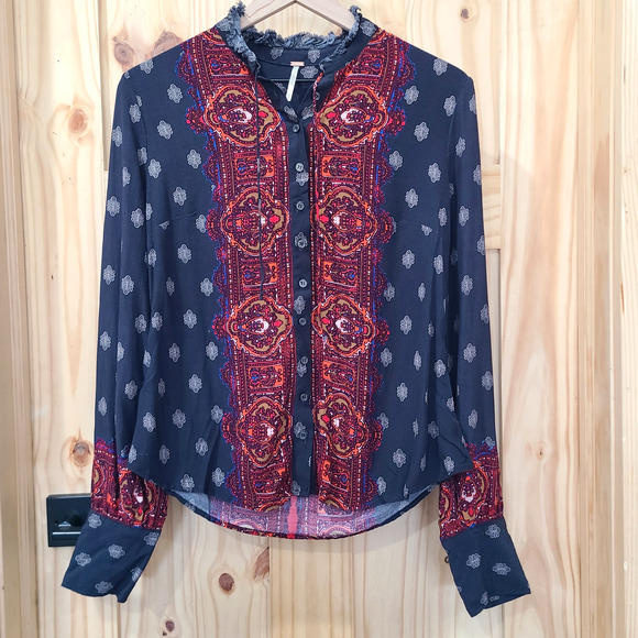 Free People Tops - Free People Wishing Well Border Long Sleeve Button Up Top Raw Edge Collar Size M